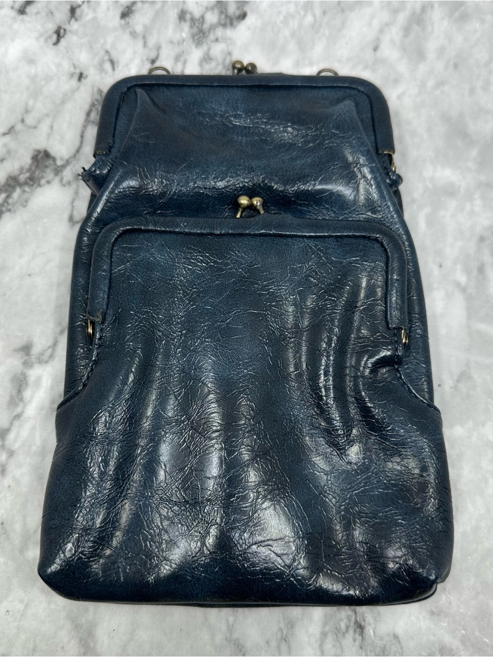 Anthropologie Navy Leather Men's Kiss-Lock Crossbody Pouch